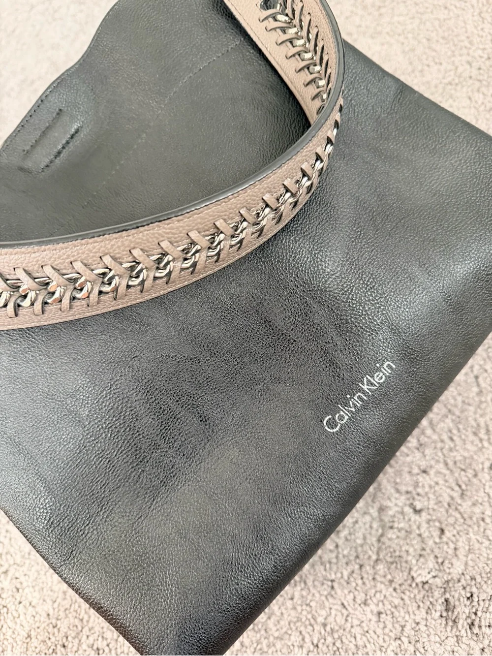 Calvin Klein Gray Leather Tote with Taupe Interior
